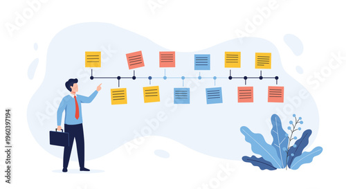 Professional businessman in a blue shirt pointing at a project timeline displayed with colorful sticky notes on a wall.