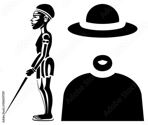 Black and white vector illustration of a warrior with skeletal motif, alongside abstract human silhouette and UFO shape, minimalist graphic design.