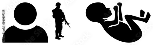 User avatar, soldier silhouette, fetal figure in utero, vector, flat design, minimalist graphics, symbols, human representation.