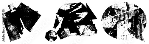 Fragmented angular forms in black and white, halftone texture, graphic art, stylized composition, vector design, abstract, modern minimalism.