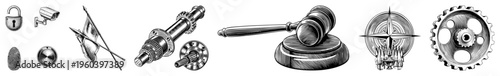 Security padlock, CCTV camera, flags, judge’s gavel, NATO emblem, mechanical gear vector for law, safety, and.