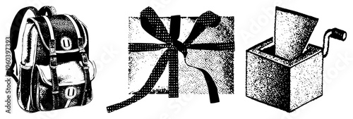 Retro style backpack with leather straps, gift wrapped in halftone with ribbon bow, hand crank music box with sheet music. Classic vector illustrations, isolated elements for design use.