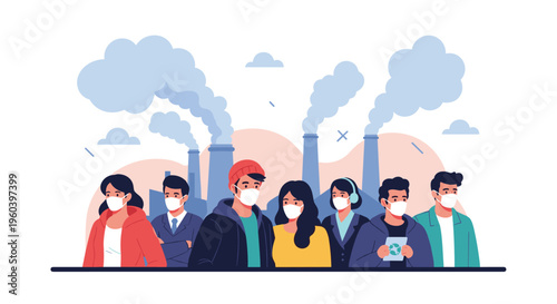 Diverse group of people wearing protective face masks to shield themselves from industrial air pollution emitted by factory chimneys.
