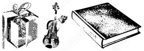 Black and white vector art of a wrapped present, musical instrument, and aged book, stylized with halftone textures and geometric, ideal for retro or artistic design projects.