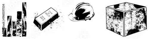 Vector of industrial elements bar graph, gold bar, safety helmet, concrete block, halftone texture,, construction, finance, mining, urban.