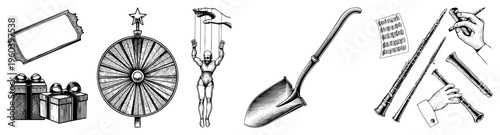 Hand drawn circus wheel, puppet, shovel, musical instruments, gifts, ticket classic entertainment symbols in detailed art, ideal for retro branding or stage design.