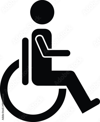 Black and white wheelchair accessibility icon illustration, mobility disability symbol for inclusive design, accessible facilities, healthcare, and public service graphics