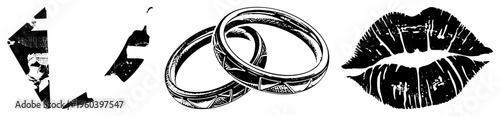 Vintage engraved heart fragments, ornate wedding bands, bold lip print all in distressed black ink, isolated vector graphics for romantic or use.