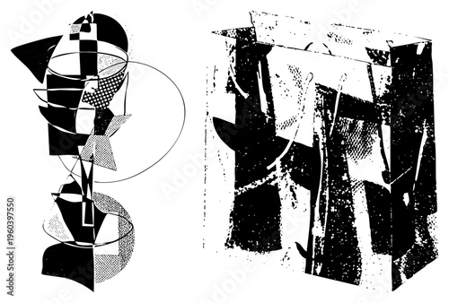 Abstract vector art with fragmented shapes, halftone & checkerboard, high contrast. Modern graphic element for or branding.