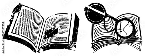 Vintage style reading book with magnifying glass and eyeglasses, scholarly study, literary exploration, educational, black and white illustration.