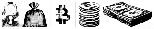 Lock symbolizing security, money bag for savings, Bitcoin logo, coin stack, US dollar bills all in halftone vector style. Digital finance, crypto, cash, wealth, asset protection.