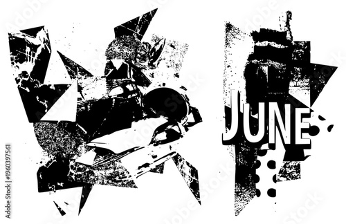 Fragmented black and white graphic with shattered polygonal shapes and distressed text, ideal for or seasonal design, abstract art, typographic collage.