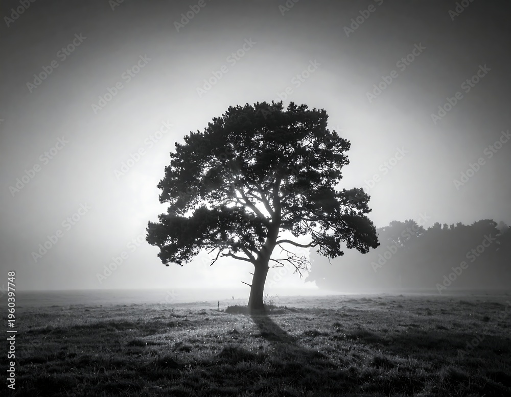 Obraz premium A lone tree stands in a foggy field with a glowing background