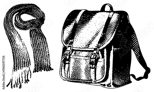 Cozy knitted with fringe, retro backpack with straps and buckles, halftone vector art, fashion accessories, black and white illustration.