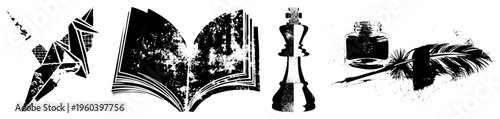 Black and white vector origami bird, open book, chess king, quill pen with inkwell. Vintage, textured, artistic, symbolic, educational, strategic, literary, creative.