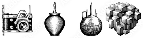 Retro film camera, hand drawn ceramic vessels, geometric cube cluster, vector illustration, artistic sketch style.