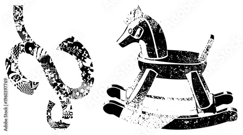 Stylized rocking horse toy with textured, musical note symbol, vector art, retro design, childhood nostalgia, graphic.