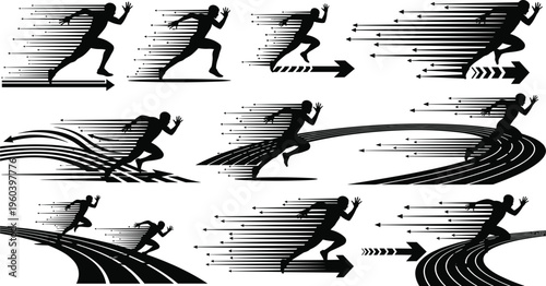 Running athlete motion speed effect silhouettes set dynamic sprint action blur lines fast movement sports energy vector illustration