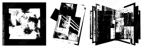 Fragmented black and white vector forms with halftone texture, graphic art, abstract composition, modern minimalism, digital illustration.