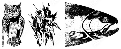 Stylized owl with geometric, explosive abstract, salmon head with halftone scales all vector art with high contrast and isolated foregrounds.