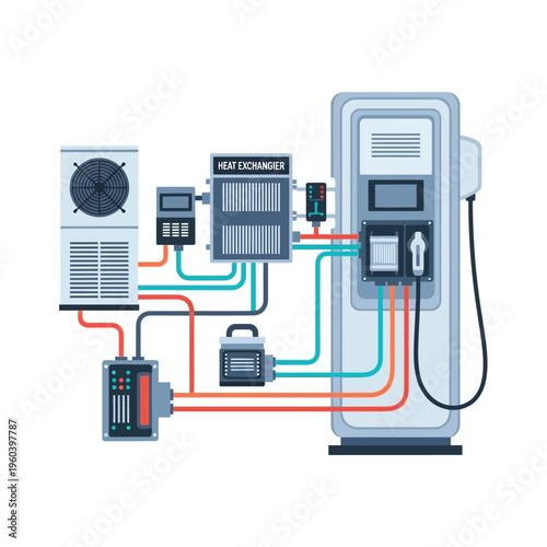 Diagram illustrating the interconnected components of a modern electric vehicle charging station, featuring a heat exchanger, power unit, and outdoor condenser