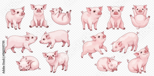 Set of cute cartoon piglets in various poses, adorable farm animal illustrations.