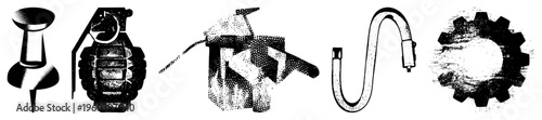 Set of stylized graphic symbols pushpin, hand grenade, inkjet printer, USB, gear wheel. vector for UI design, apps, or industrial themes.