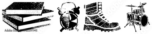 Textbook pile, vintage alarm clock, rugged hiking boot, drum kit, halftone print, black and white, educational tools, music gear.