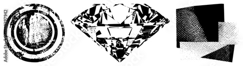 Three stylized vector forms concentric circle with grunge texture, faceted diamond, and halftone shaded blocks all in, isolated graphic elements for design use.