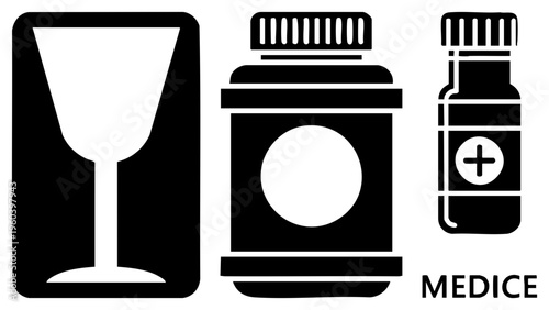 Medical and wellness symbols including pill bottle, cocktail glass, and first aid kit, minimalist design for health, pharmacy, or wellness branding.