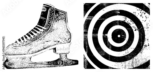 Ice skate boot with blade, target bullseye graphic, sports, winter activity, stylized vector art, halftone texture, skating equipment.