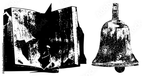 Open book with aged pages beside a classic bell, both rendered in halftone dot, vector art,, antique style.