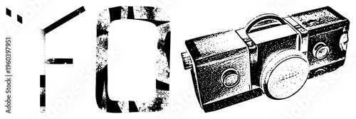 Retro film camera with textured halftone shading, stylized letters "FO" with distressed texture, vector illustration, graphic, vintage equipment.