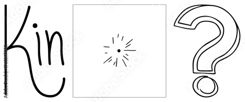 Script style word "Kin" beside sparkle symbol and stylized question mark, minimalist design, isolated graphic elements, conceptual inquiry theme.