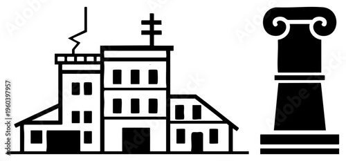 Fire station building with ladder tower and antenna, classical column with Ionic capital, black vector, architectural symbols, urban infrastructure.