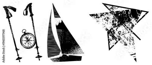 Black and white vector of hiking poles, compass, sailboat, and star, textured with halftone grain, isolated travel motifs, outdoor exploration symbols.