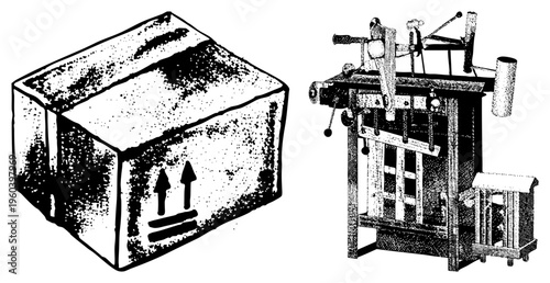 Industrial press brake tool with levers and dies, alongside textured shipping crate with arrows, both rendered in halftone dot, mechanical workshop tools.