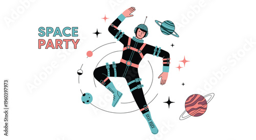 Happy astronaut floating in outer space surrounded by colorful planets, stars, and celestial bodies for a space-themed party.