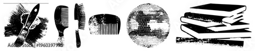 Artistic black and white vector paintbrush, hair combs, disco ball, stacked books. Grunge texture, isolated cutout, creative design elements.