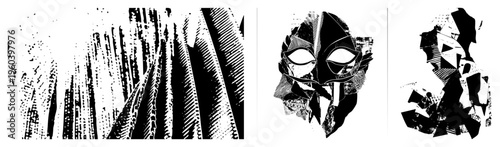 Fragmented mask silhouettes with bold halftone shading, abstract geometric forms, stylized tribal motifs, vector art, isolated graphic elements.