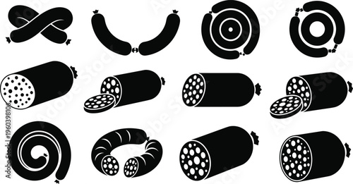 Sausage and salami silhouettes set with whole, sliced, and cut meat products for butcher shop, food packaging, and deli concept