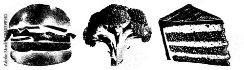 Black and white halftone food burger with lettuce, broccoli florets, layered cake slice. Vector graphic, isolated, cutout, rgba.