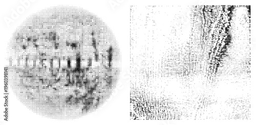 Circular halftone design with dot density gradients, abstract textured background, vector art, graphic design element,.