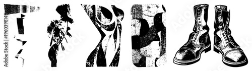 Black and white vector illustrations featuring fragmented geometric forms and detailed combat boots, rendered in halftone texture, ideal for graphic design or apparel.