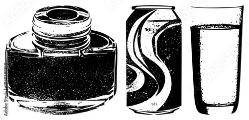 Classic ink bottle with cap, soda can with swoosh design, water glass with condensation, all in halftone vector art, retro graphic style.
