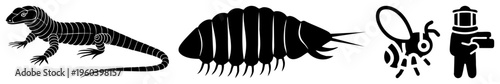 Stylized lizard, isopod, mosquito, and beekeeper. Vector art, simplified forms, no shading. Perfect for UI or infographic use.