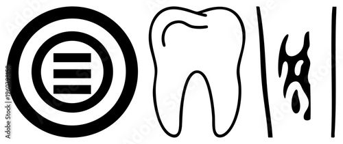 Medical dental including tooth, flame symbol, and circular equal sign, used in orthodontics, hygiene, or dental branding. Dental care symbols, health glyphs, medical insignia.