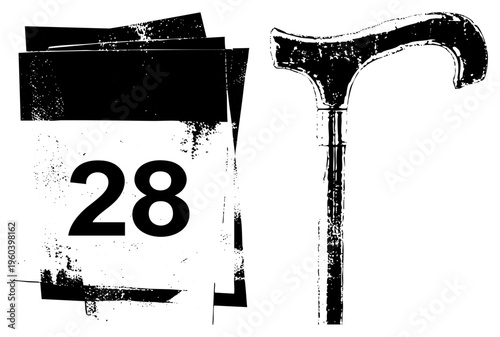 Grunge style calendar showing date 28 beside ornate walking cane, retro design, aged texture, vector illustration, elderly support tool.