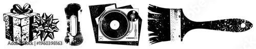 Black and white vector of gift, turntable, and paintbrush with distressed texture, isolated elements for design use, artistic tools and festive items.