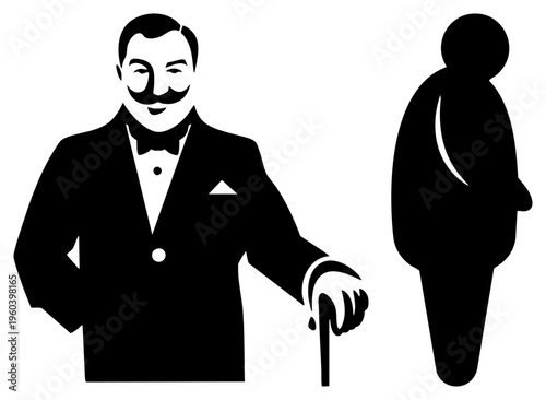Elegant vintage gentleman in tuxedo holding cane, formal attire silhouette, classic gentleman, monocle style design, black and white vector graphic.